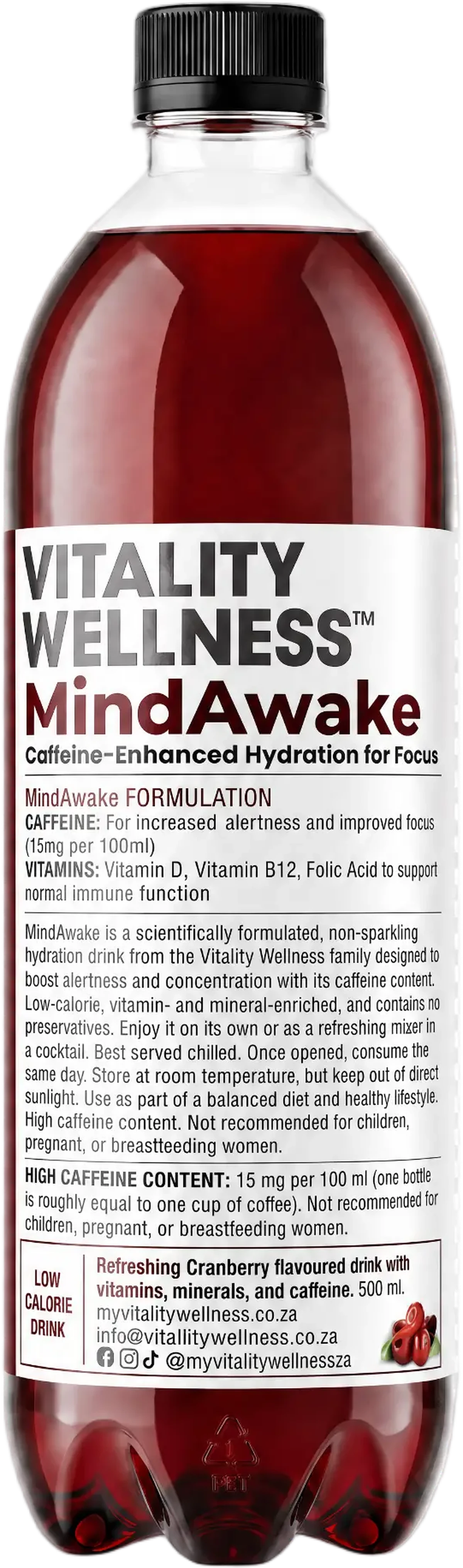 MindAwake cranberry mental resilience and focus drink bottle in a crystal-clear water splash