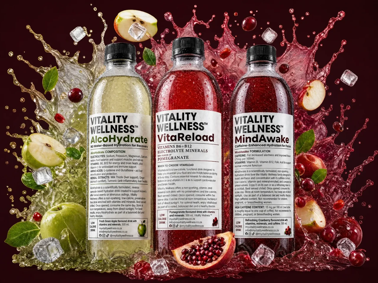 AlcoHydrate with green apples, VitaReload with pomegranate and MindAwake with cranberries in a summer splash of juice and water
